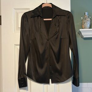 Ann Taylor Brown Satin Fitted Long Sleeve Blouse